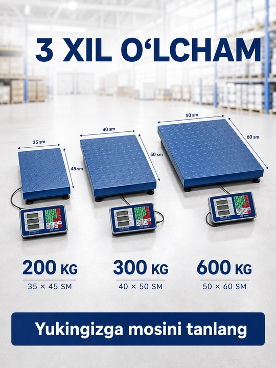 Elektron platformali tarozi, 200/300/600 kg, metall, ombor va savdo uchun