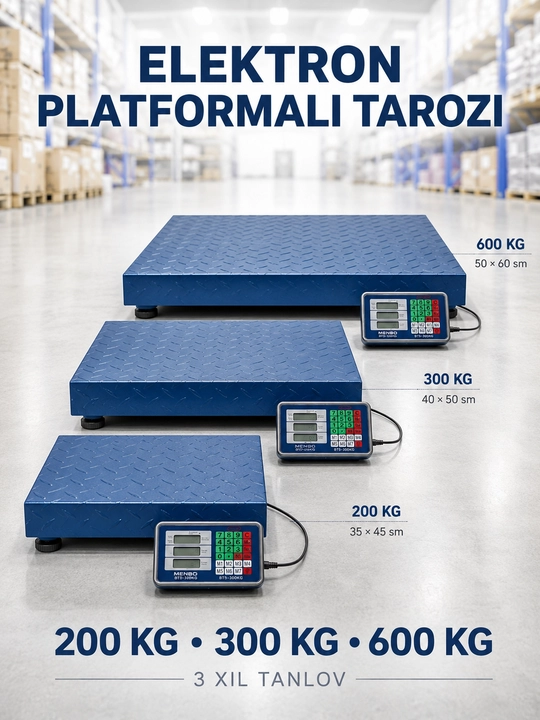 Elektron platformali tarozi, 200/300/600 kg, metall, ombor va savdo uchun