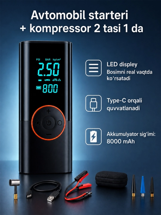 Kop funksiyali avtomobil starteri, Kompressor, Jump Starter - 