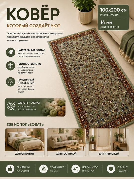 Шерстяной ковёр для спальни, гостиной, детской, зала и кухни, шерсть и акрил, ворс 14 мм
