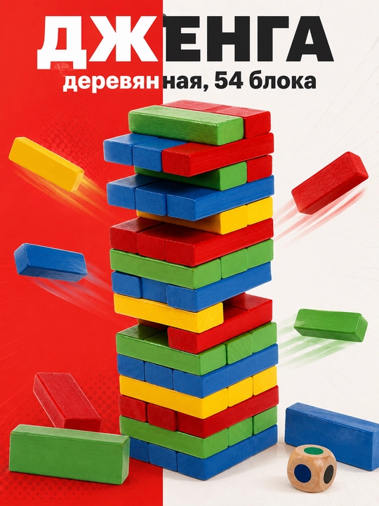 Jenga stol o'yini yog'ochli rangli kubiklar va tayoqchalar, 54 blokli minora - 