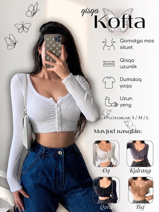 Ayollar krop-longslivi tugmali, dumaloq bo'yinli bazaviy kofta, milksilk matosidan