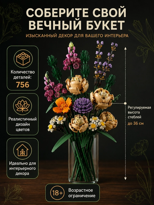 Konstruktor gullar buketi 756 dona, atirgullar va dala gullari yig'ish uchun to'plam