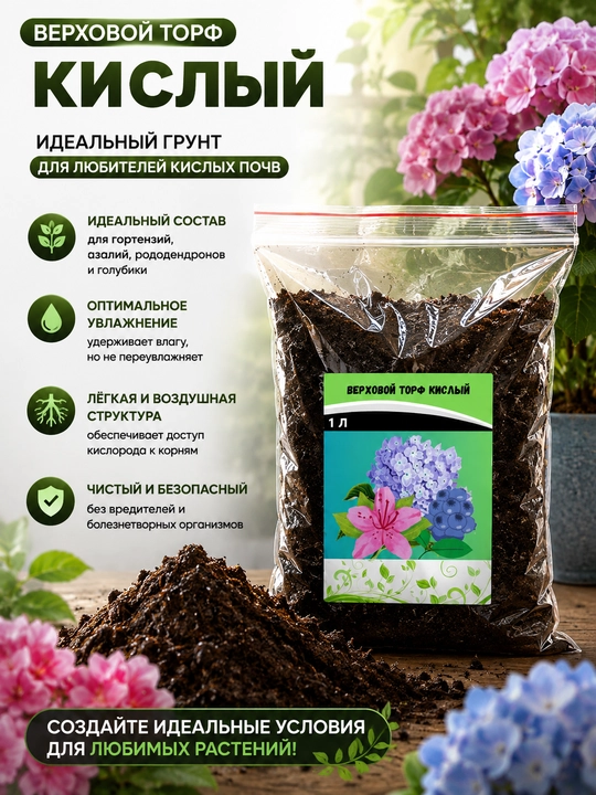 Торф кислый для растений, готовый профессиональный субстрат, 1 литр - 