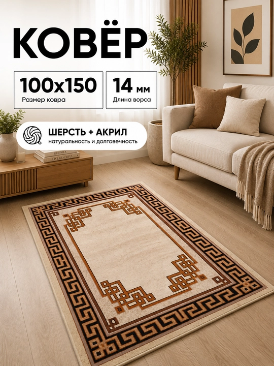Шерстяной ковёр для спальни, гостиной, детской, зала и кухни, шерсть и акрил, ворс 14 мм - 