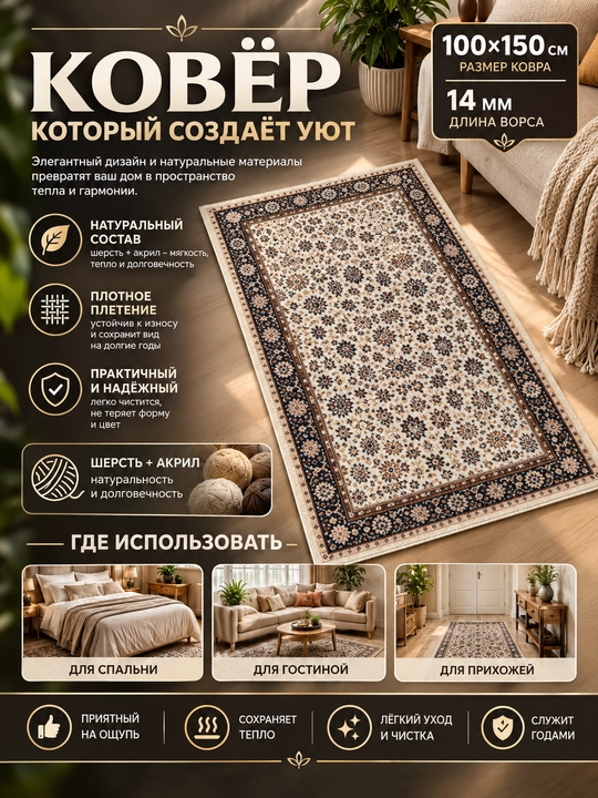 Шерстяной ковёр для спальни, гостиной, детской, зала и кухни, шерсть и акрил, ворс 14 мм