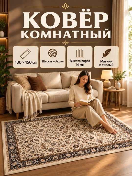 Шерстяной ковёр для спальни, гостиной, детской, зала и кухни, шерсть и акрил, ворс 14 мм - 