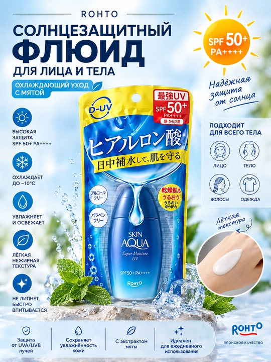 SKIN AQUA Serum UV quyoshdan himoyalovchi zardobi SPF 50+ PA++++ gialuron kislotasi bilan - 