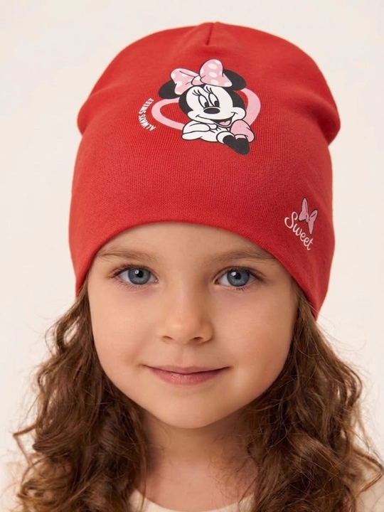 Qizlar uchun trikotaj shapka, 2–7 yosh, Minnie Mouse printli, bahor-kuz uchun - 