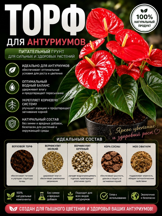Авторский Торф для АНТУРИУМ и СПАТИФИЛЛУМ, готовый грунт, идеальный состав - 