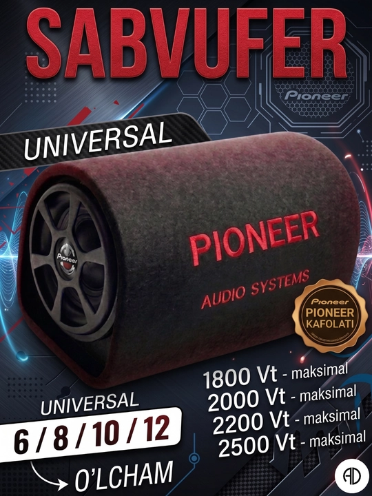 Kuchaytirgich o‘rnatilgan sabvufe Pioneer 1800, 2000, 2200, 2500 Вт P-1206 1208 1210, 1212 - 