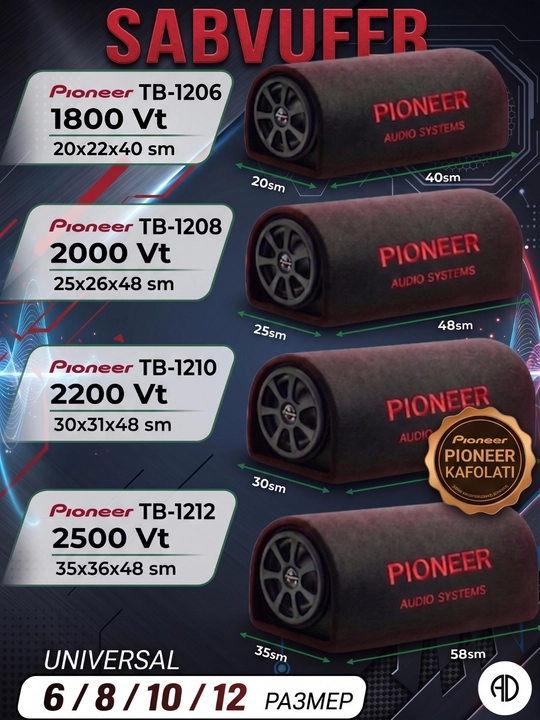 Сабвуфер встроенным усилителем Pioneer 1800, 2000, 2200, 2500 Вт P-1206, 1208, 1210, 1212