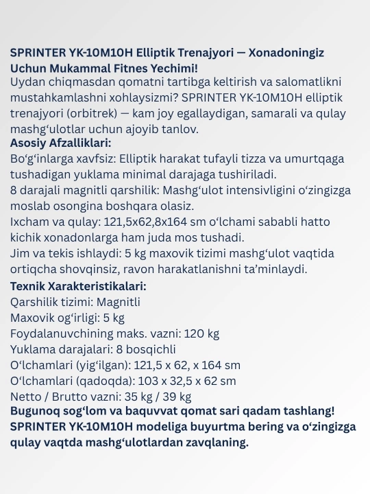 SPRINTER YK-10M10H elliptik trenajori (chang‘i velosipedi)