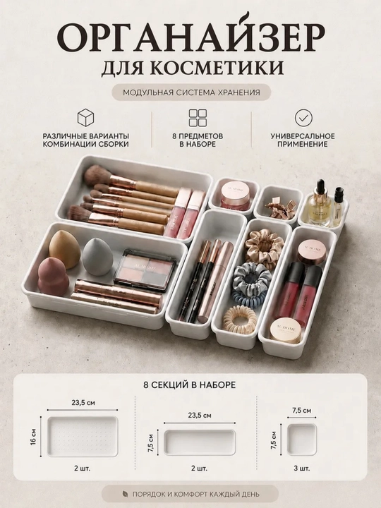 Органайзер для косметики и хранения, набор контейнеров и разделителей, 8 предметов