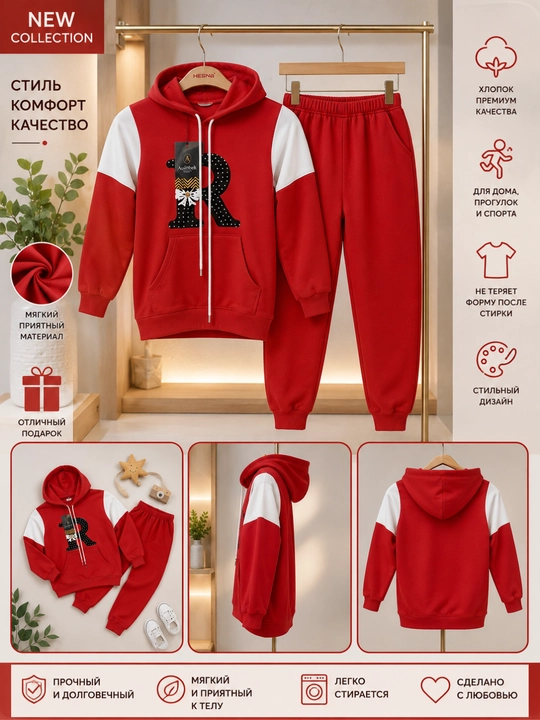 Bolalar uchun sport kostyumi, kapyushonli komplekt, qiz bolalar sport kiyimi - 