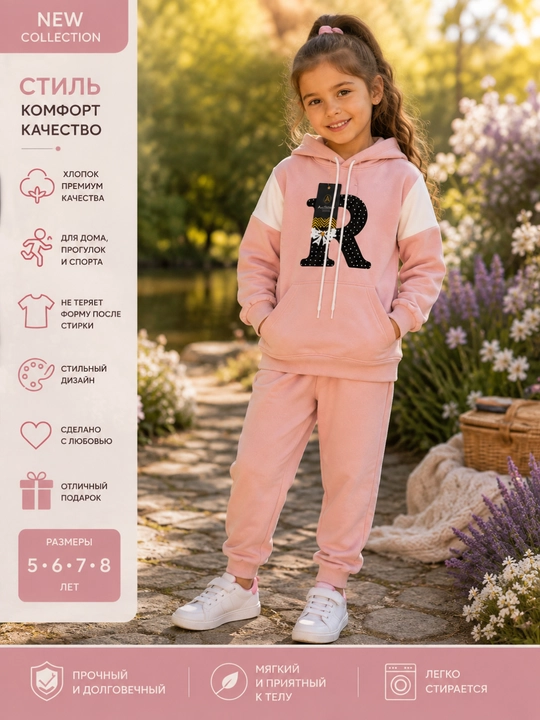 Bolalar uchun sport kostyumi, kapyushonli komplekt, qiz bolalar sport kiyimi