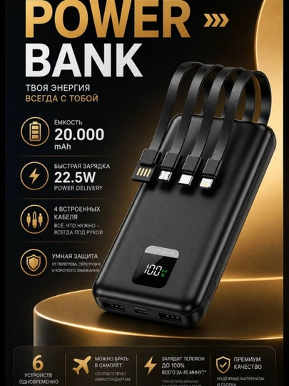 Внешний аккумулятор 20000mA Power Bank быстрой зарядкой +4 кабеля - 