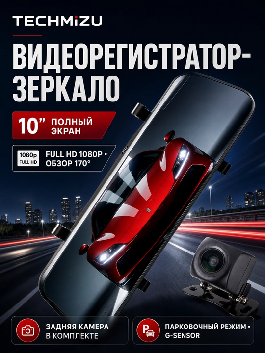 TECHMIZU 10″ ko‘zgu videoregistrator, Full HD 1080p, orqa kamera bilan