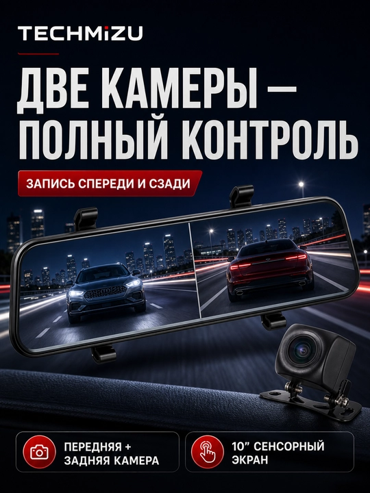 TECHMIZU 10″ ko‘zgu videoregistrator, Full HD 1080p, orqa kamera bilan