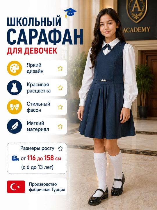 Школьный сарафан для девочек, 6 видов, Турция