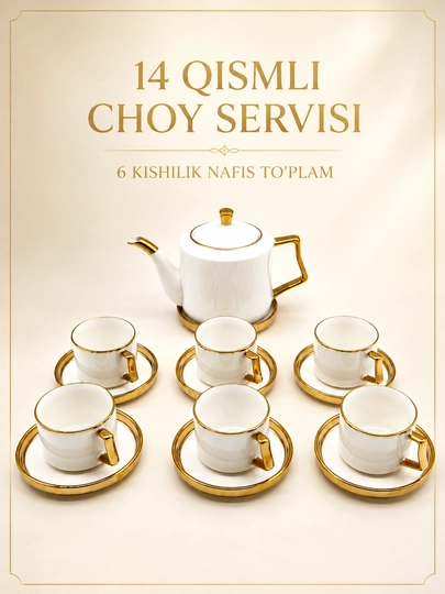 Choy va qahva servisi, choynak, 6 ta finjon, 6 ta likopcha va taglik, chinni, 14 qism
