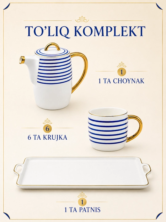 Choy va qahva servisi, choynak, 6 ta finjon, 6 ta likopcha va taglik, chinni, 14 qism