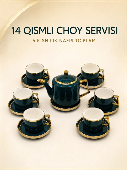 Choy va qahva servisi, choynak, 6 ta finjon, 6 ta likopcha va taglik, chinni, 14 qism
