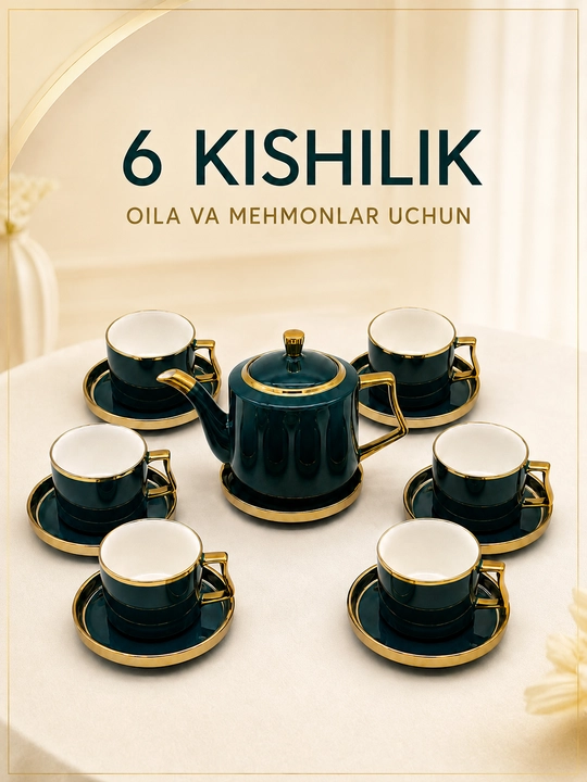 Choy va qahva servisi, choynak, 6 ta finjon, 6 ta likopcha va taglik, chinni, 14 qism - 