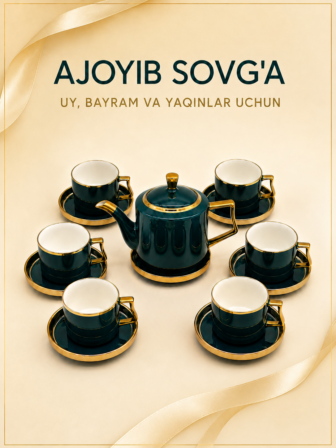 Choy va qahva servisi, choynak, 6 ta finjon, 6 ta likopcha va taglik, chinni, 14 qism