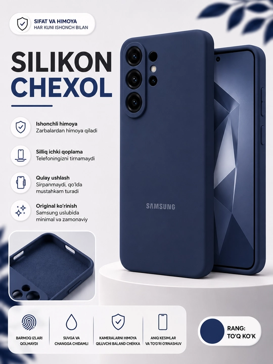 Samsung Galaxy S24, S25, S26 va Ultra modellari uchun yuqori sifatli silikon qoplamalar