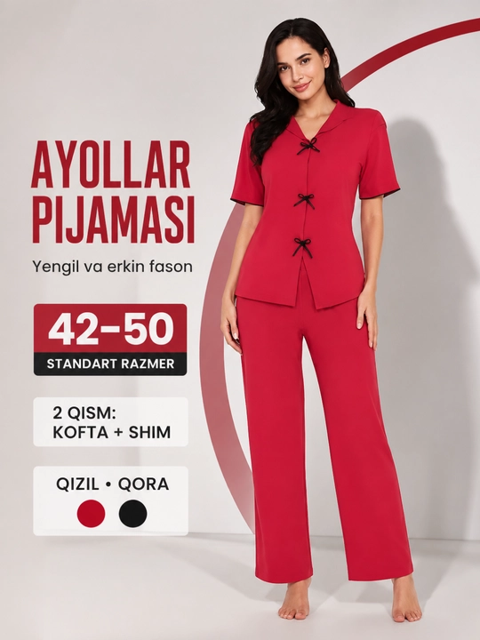 Ayollar pijamasi, paxta va viskoza, kofta va shim - 
