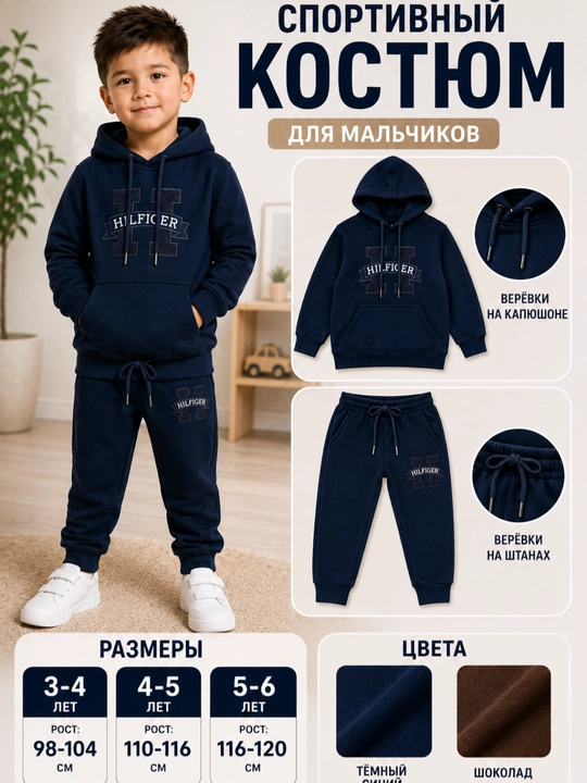 Детский спортивный костюм худи и брюки, 3-5 лет, тёмно-синий, шоколадный спортивный костюм - 