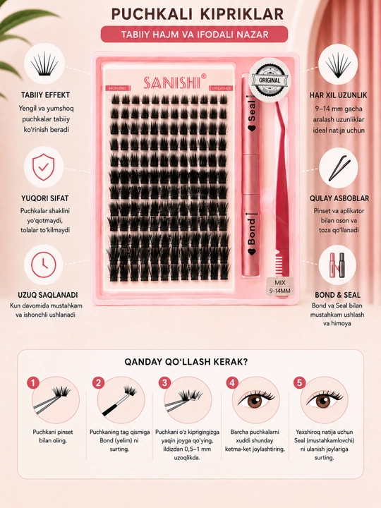 Sanishi tutam kiprik 9–14 MIX Bond Seal va pinset bilan chiroyli nigoh uchun