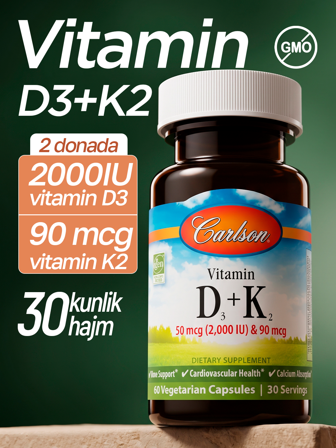 Vitamin D3 + K2, Carlson, 2000 IJU / 90 mkg, AQSH - 