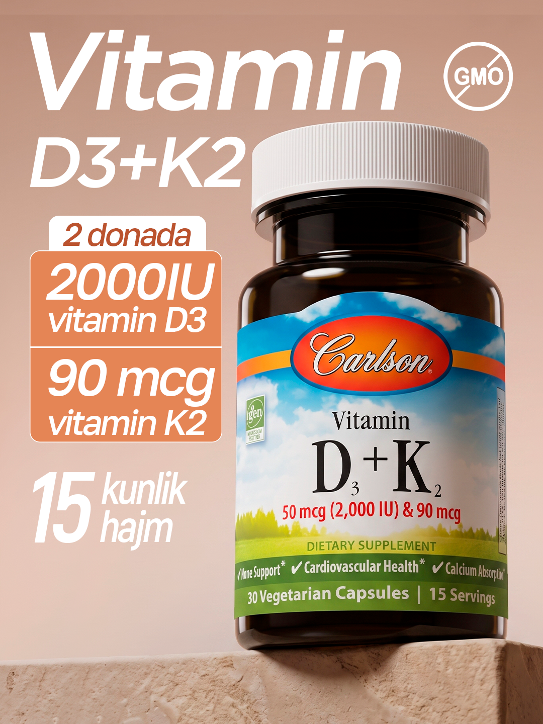 Vitamin D3 + K2, Carlson, 2000 IJU / 90 mkg, AQSH - 