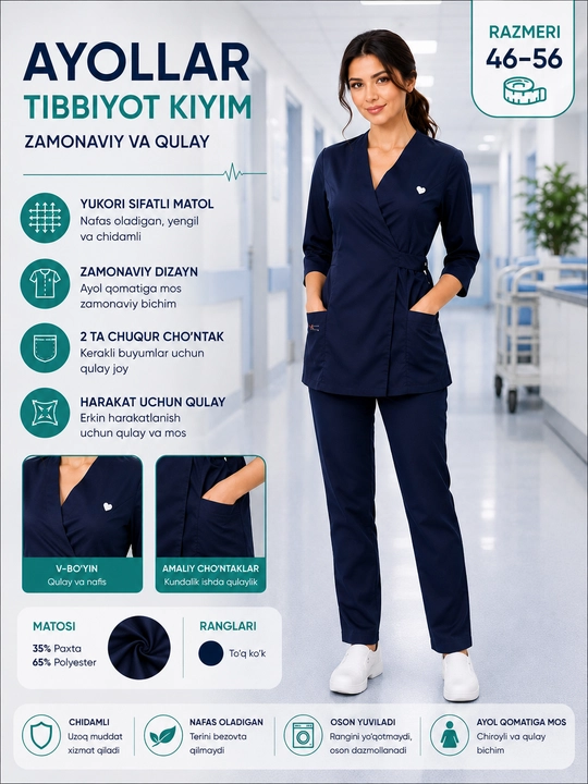 Ayollar tibbiy kostyumi - zamonaviy, hidli va V-simon kesimli