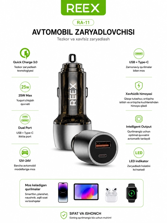 REEX avtomobil zaryadlovchi qurilma 20W 25W 38W USB Type-C PD Quick Charge 3.0