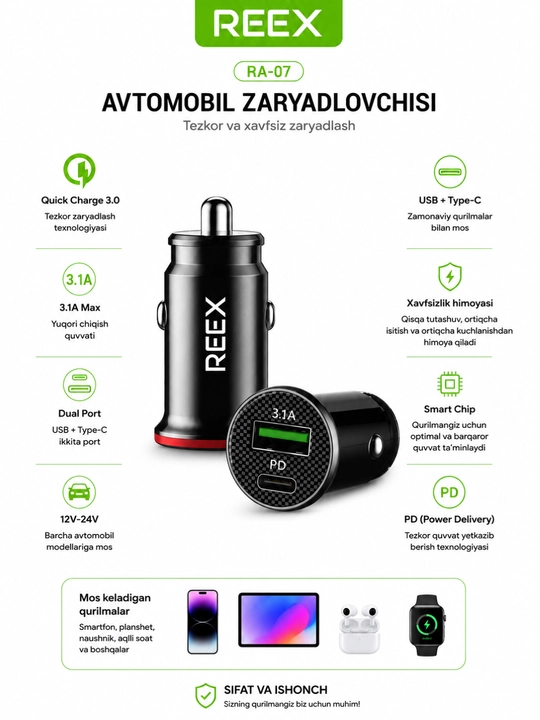 REEX avtomobil zaryadlovchi qurilma 20W 25W 38W USB Type-C PD Quick Charge 3.0
