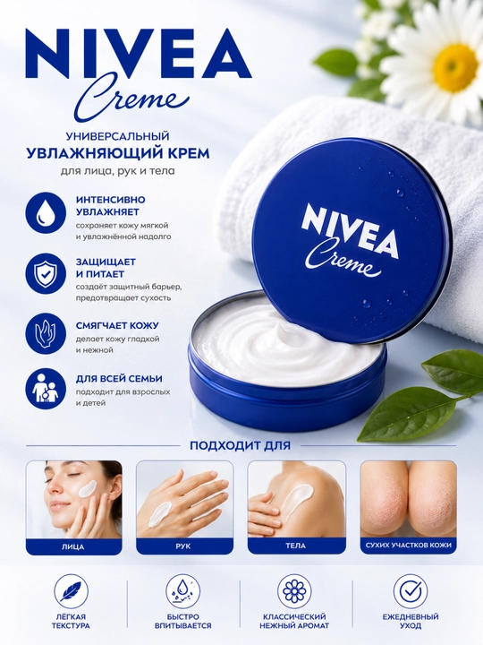 Yuz, qo‘l va tana uchun universal namlantiruvchi NIVEA Creme kremi, 60 ml, 150 ml