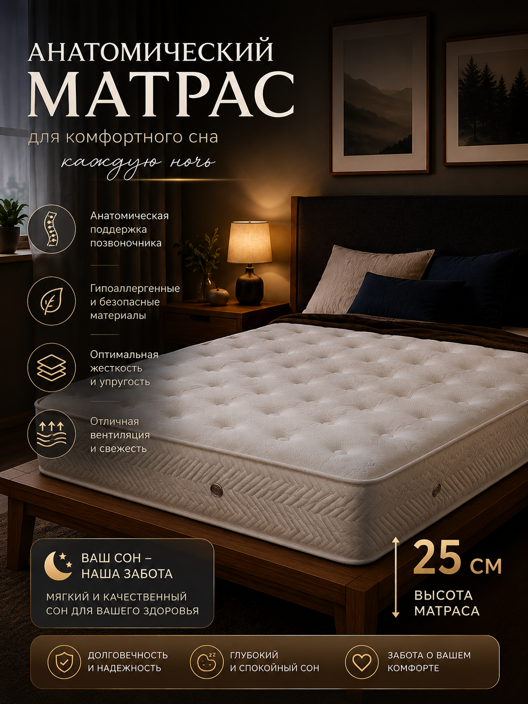 Anatomic matras, 10 yil kafolat, 150–160 kg gacha, 22 zichligidagi rossiya poroloni