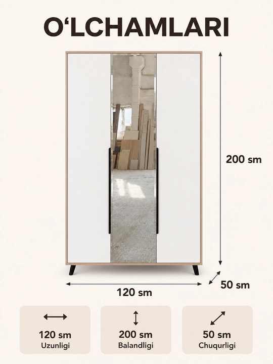 120×200×50 sm o‘lchamli 3 eshikli ko‘zguli shkaf, LDSP, E1