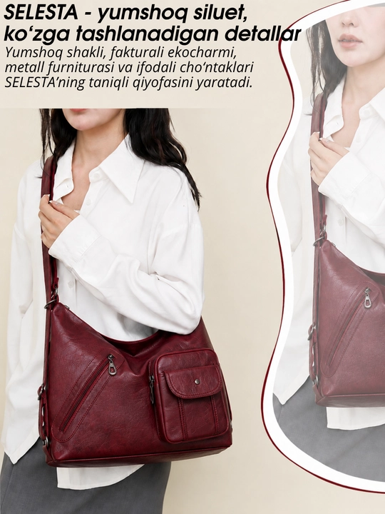 Ayollar sumkasi SELESTA, 3 tasi 1 da transformer, xobo, tout, ryukzak, A4, ekocharm