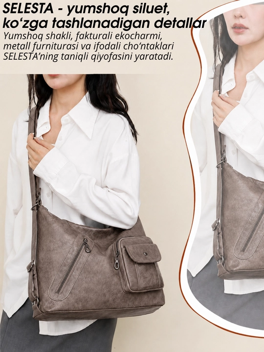 Ayollar sumkasi SELESTA, 3 tasi 1 da transformer, xobo, tout, ryukzak, A4, ekocharm