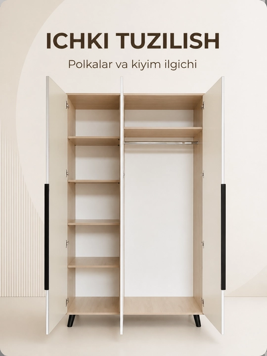120×200×50 sm o‘lchamli 3 eshikli ko‘zguli shkaf, LDSP, E1