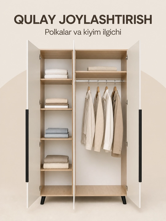 120×200×50 sm o‘lchamli 3 eshikli ko‘zguli shkaf, LDSP, E1