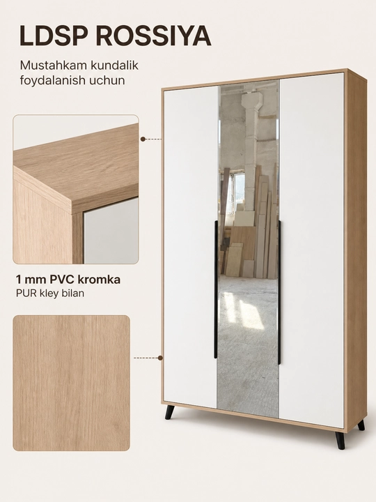 120×200×50 sm o‘lchamli 3 eshikli ko‘zguli shkaf, LDSP, E1
