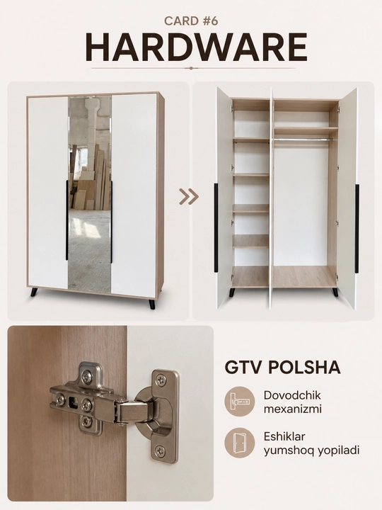 120×200×50 sm o‘lchamli 3 eshikli ko‘zguli shkaf, LDSP, E1