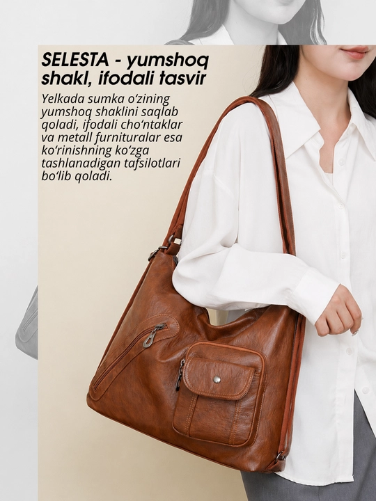 Ayollar sumkasi SELESTA, 3 tasi 1 da transformer, xobo, tout, ryukzak, A4, ekocharm