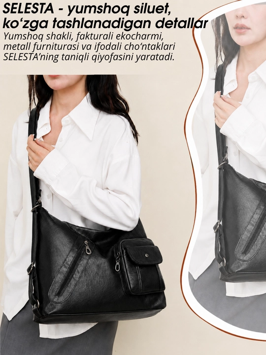 Ayollar sumkasi SELESTA, 3 tasi 1 da transformer, xobo, tout, ryukzak, A4, ekocharm