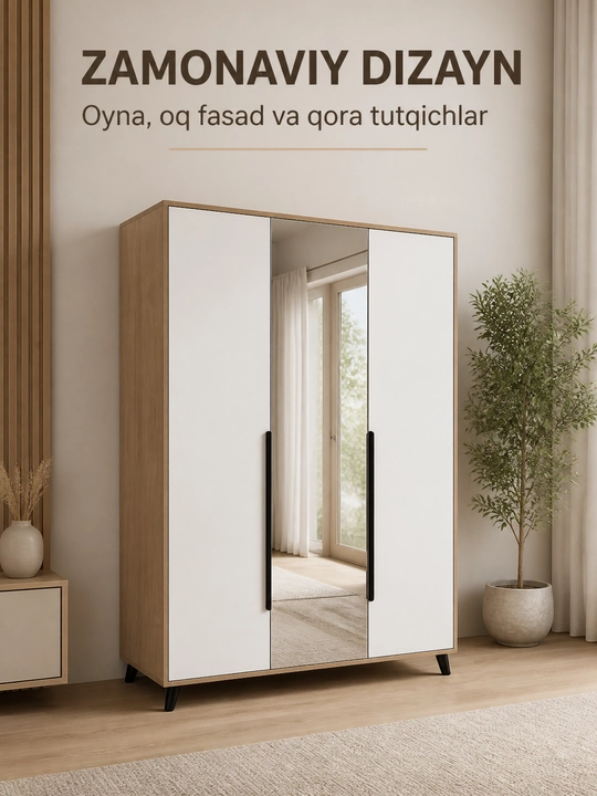 120×200×50 sm o‘lchamli 3 eshikli ko‘zguli shkaf, LDSP, E1